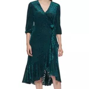 Calvin Klein Women’s 3/4 Sleeve Green cheetah print faux wrap midi dress